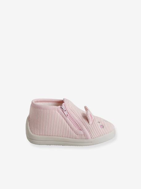 Zapatillas de casa de lona con cremallera para bebé rayas rosa 