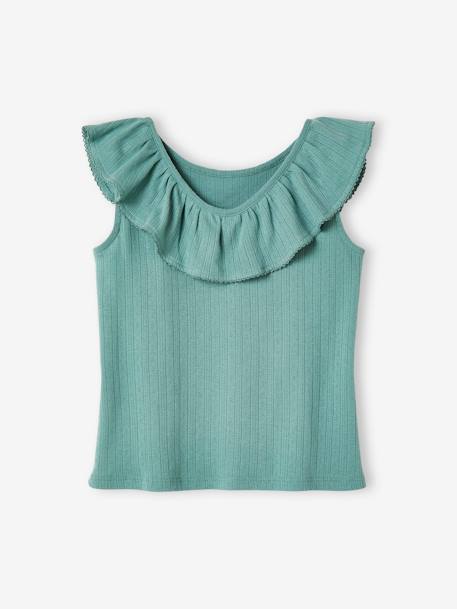 Camiseta de tirantes de punto calado con volantes para niña azul marino+crudo+rosa chicle+verde esmeralda 