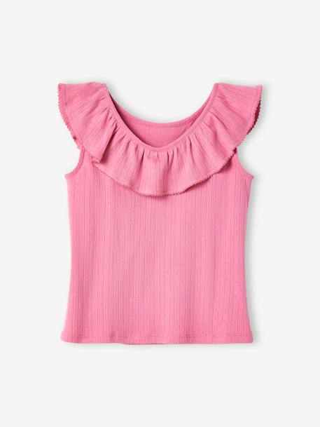 Camiseta de tirantes de punto calado con volantes para niña azul marino+crudo+rosa chicle+verde esmeralda 