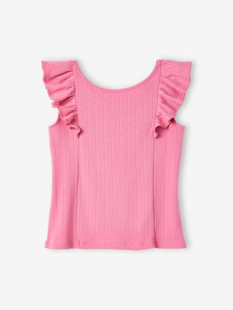 Camiseta de tirantes de punto calado con volantes para niña azul marino+crudo+rosa chicle 