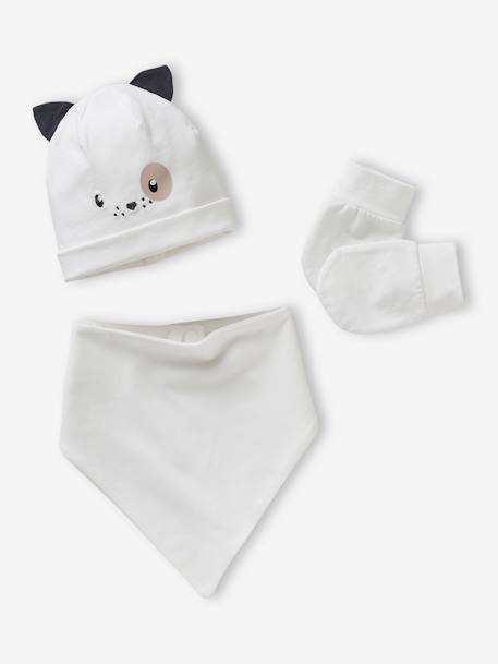 Conjunto, personalizable, de gorro «Perro» + manoplas + fular de punto con estampado para bebé blanco 