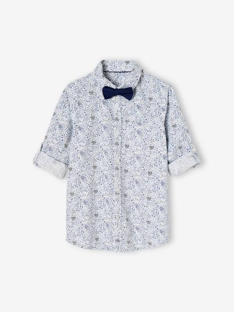 Camisa de flores y pajarita, para niño azul estampado+verde estampado 