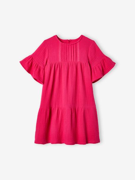 Vestido de gasa de algodón para niña azul claro+rosa frambuesa 