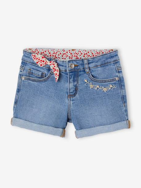 Short vaquero bordado con lacito estampado de flores, para niña AZUL OSCURO LAVADO+denim natural+doble stone 