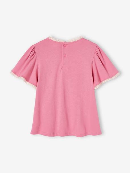 Camiseta estilo blusa con detalles de punto calado para niña rosa chicle 