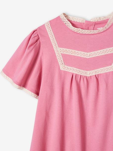 Camiseta estilo blusa con detalles de punto calado para niña rosa chicle 