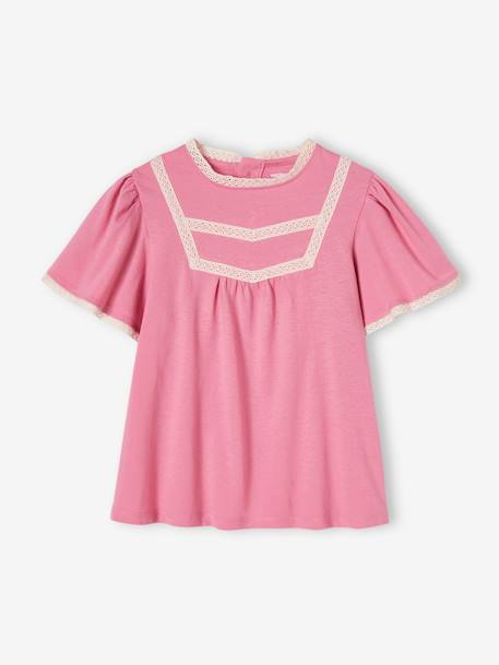 Camiseta estilo blusa con detalles de punto calado para niña rosa chicle 