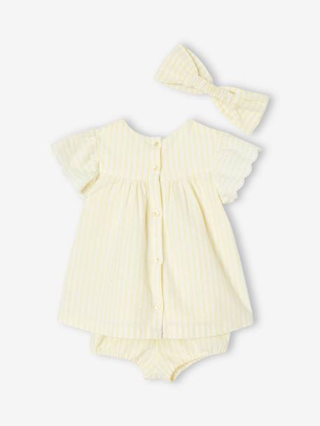 Conjunto de 3 prendas para bebé: Vestido + pantalón bombacho + cinta del pelo amarillo pastel 