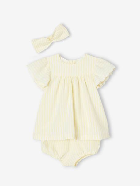 Conjunto de 3 prendas para bebé: Vestido + pantalón bombacho + cinta del pelo amarillo pastel 