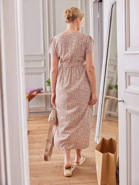 Vestido estampado con flores y cordón para anudar, para embarazo y lactancia arcilla+crudo 