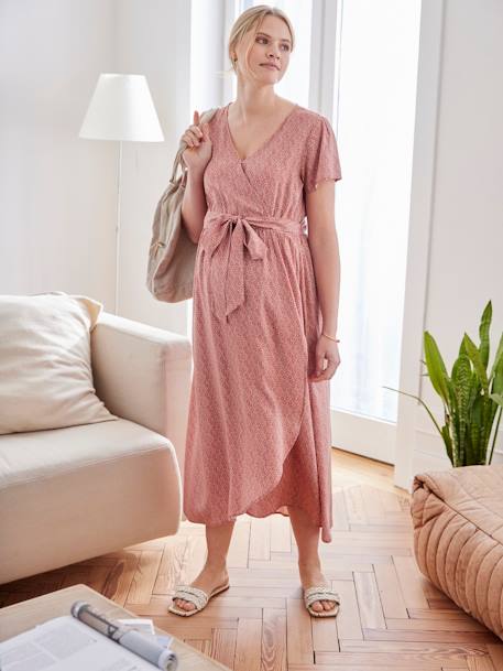 Vestido estampado con flores y cordón para anudar, para embarazo y lactancia arcilla+crudo 