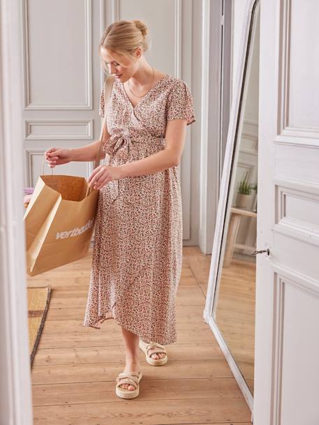 Vestido estampado con flores y cordón para anudar, para embarazo y lactancia arcilla+crudo 