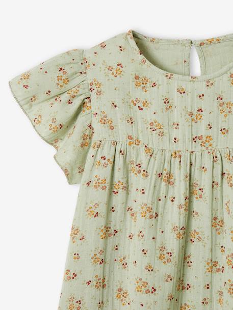 Vestido de gasa de algodón estampado con mangas mariposa, para niña teja+verde agua 