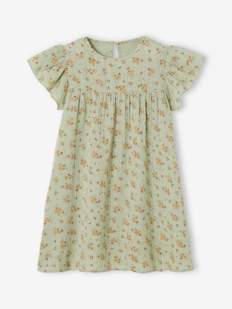 Vestido de gasa de algodón estampado con mangas mariposa, para niña teja+verde agua 