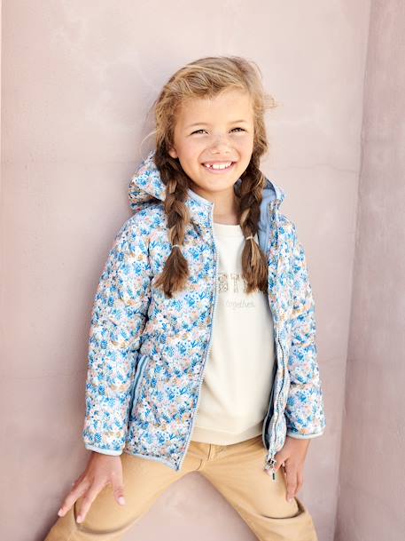 Chaqueta acolchada ligera con capucha y motivos irisados, para niña 6386+6636+AMARILLO MEDIO ESTAMPADO+ROSA MEDIO ESTAMPADO 