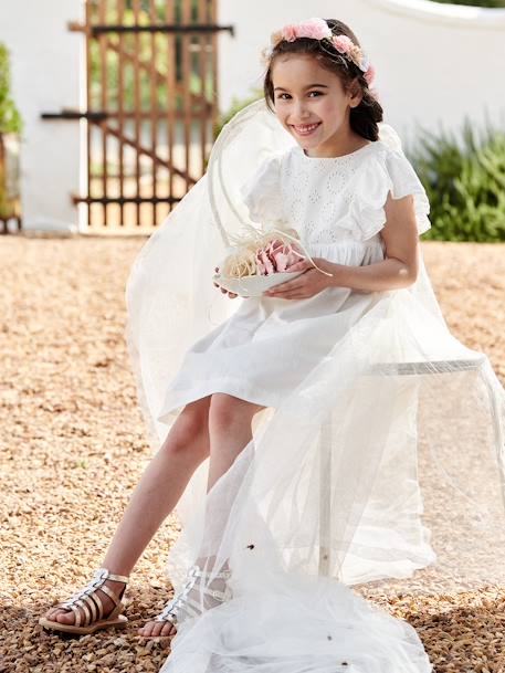 Vestido de fiesta con detalles de bordado inglés para niña crudo 