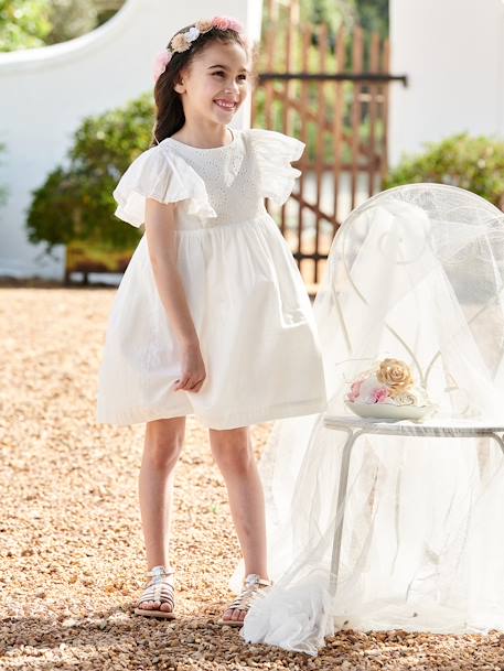 Vestido de fiesta con detalles de bordado inglés para niña crudo 