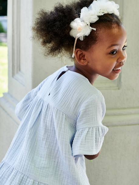 Vestido de gasa de algodón para niña azul claro+rosa frambuesa 