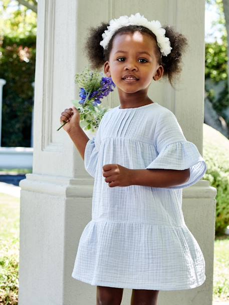 Vestido de gasa de algodón para niña azul claro+rosa frambuesa 