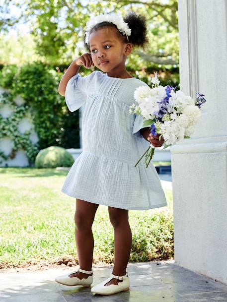 Vestido de gasa de algodón para niña azul claro+rosa frambuesa 