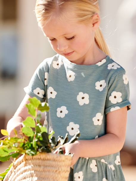 Vestido estampado para niña crudo+rayas azul+rosa rosa pálido+verde esmeralda+VERDE OSCURO ESTAMPADO 