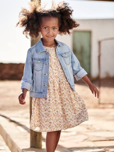 Vestido abotonado de flores, para niña azul+azul azur+azul marino+crudo 