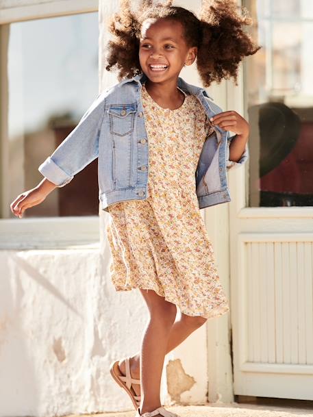 Vestido abotonado de flores, para niña azul+azul azur+azul marino+crudo 