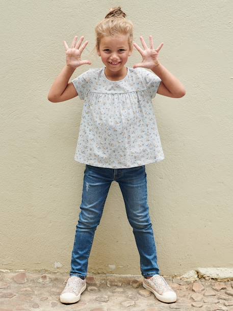 Camiseta estilo blusa con flores, para niña azul claro+crudo 