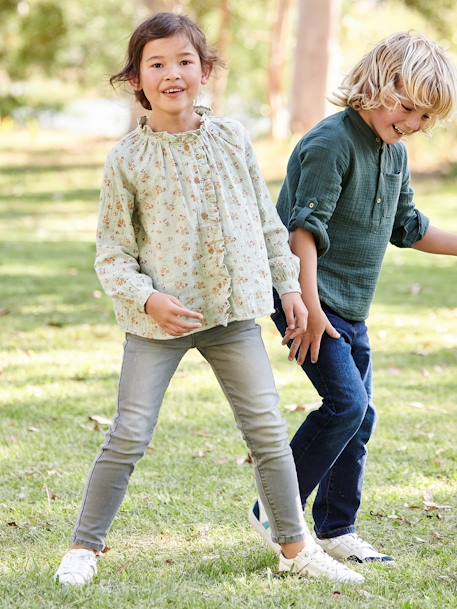 Camisa con volantes de gasa de algodón y estampado de flores para niña, personalizable crudo+rosa rosa pálido+teja+verde agua 