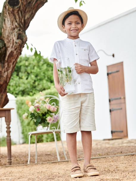 Camisa con cuello mao y manga corta de algodón/lino para niño AZUL CLARO LISO+BLANCO CLARO LISO 