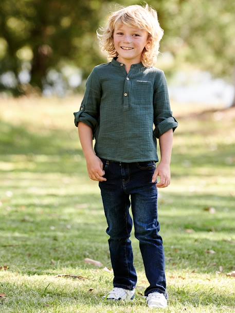 Camisa de gasa de algodón con mangas remangables, para niño amarillo+AZUL MEDIO LISO+crudo+verde 