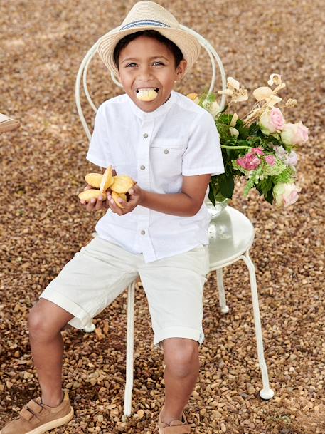 Camisa con cuello mao y manga corta de algodón/lino para niño AZUL CLARO LISO+BLANCO CLARO LISO 