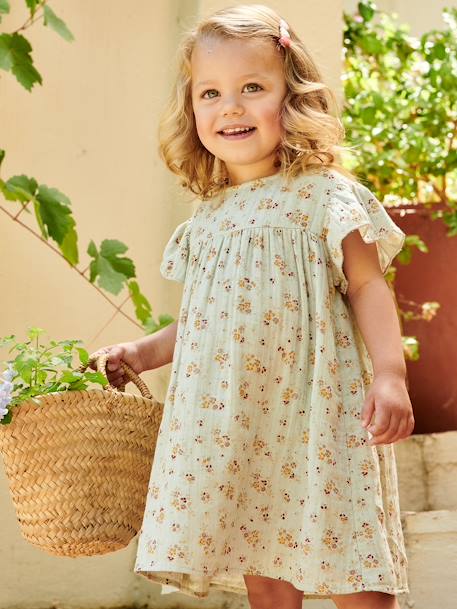 Vestido de gasa de algodón estampado con mangas mariposa, para niña teja+verde agua 