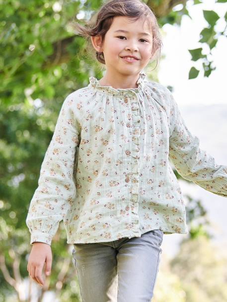 Camisa con volantes de gasa de algodón y estampado de flores para niña, personalizable crudo+rosa rosa pálido+teja+verde agua 