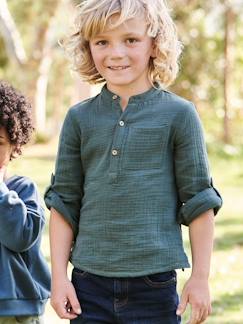 Niño-Camisas-Camisa de gasa de algodón con mangas remangables, para niño