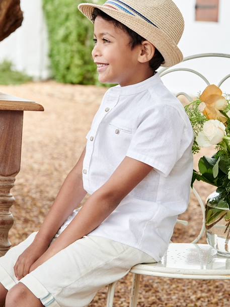 Camisa con cuello mao y manga corta de algodón/lino para niño AZUL CLARO LISO+BLANCO CLARO LISO 