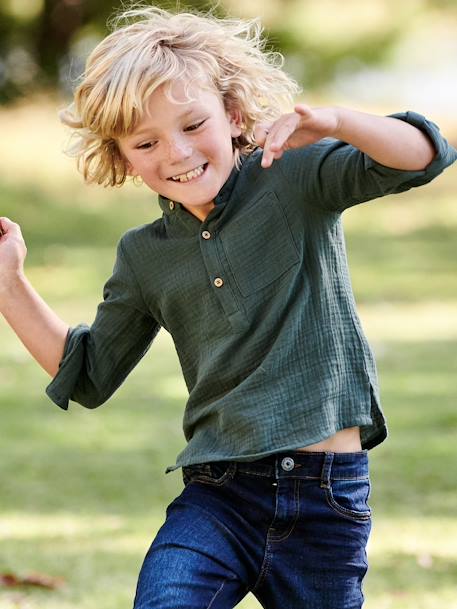 Camisa de gasa de algodón con mangas remangables, para niño amarillo+AZUL MEDIO LISO+crudo+verde 