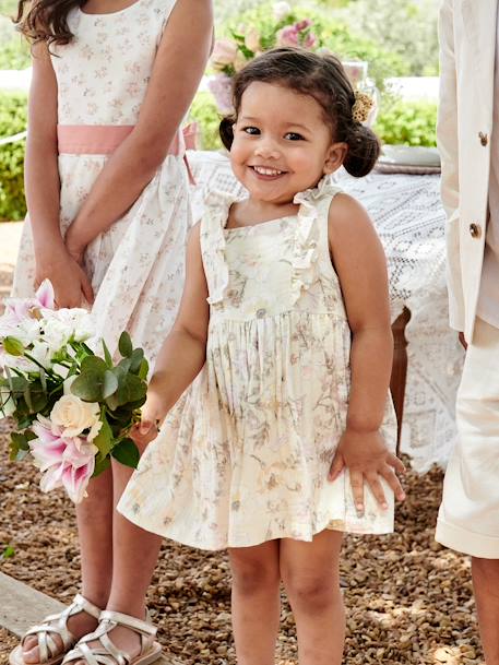 Vestido con estampado de flores de gasa de algodón para bebé crudo 