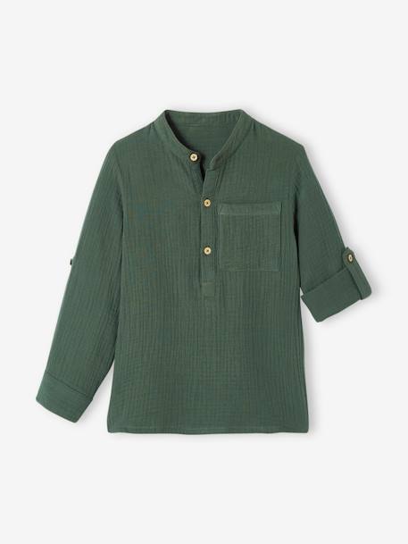 Camisa de gasa de algodón con mangas remangables, para niño amarillo+AZUL MEDIO LISO+crudo+verde 