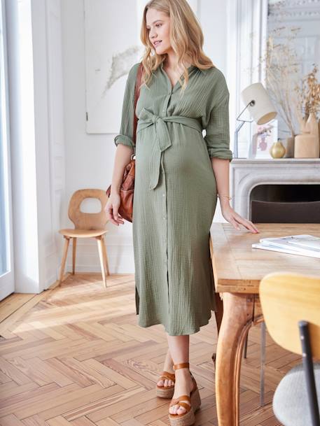 Vestido camisero largo de gasa de algodón para embarazo y lactancia aceituna+azul marino+beige 