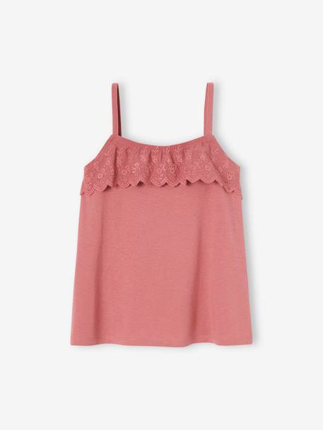 Camiseta sin mangas con volantes, de bordado inglés, para niña BLANCO MEDIO LISO+rosa viejo 