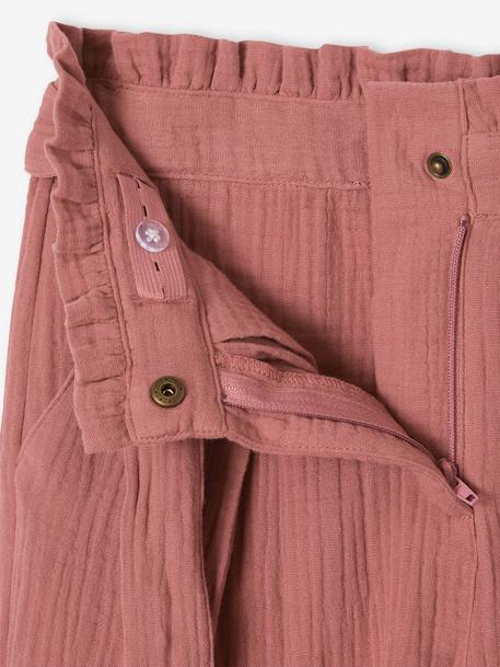 Pantalón pesquero ancho de gasa de algodón estilo «paperbag» para niña crudo+rosa viejo+verde sauce 