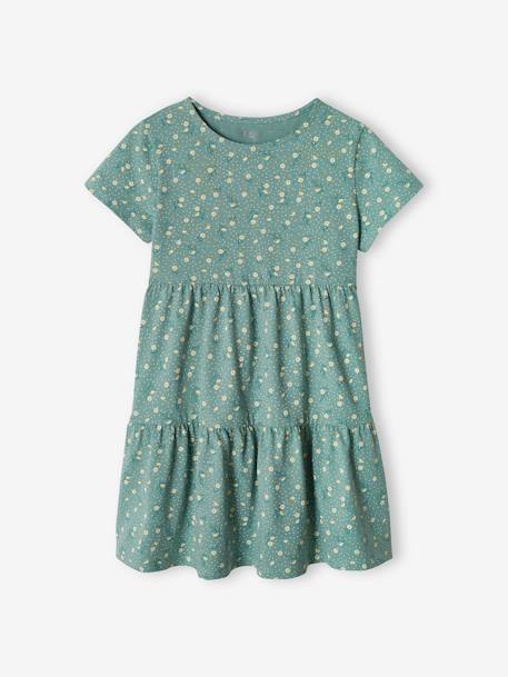 Conjunto de vestido y cárdigan para niña azul jeans+melocotón+verde esmeralda 