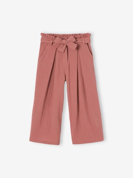 Pantalón pesquero ancho de gasa de algodón estilo «paperbag» para niña crudo+rosa viejo+verde sauce 