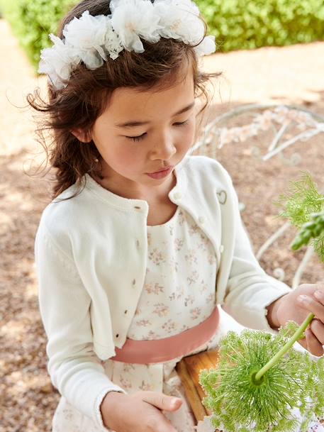 Chaqueta corta de punto pointelle para niña azul grisáceo+crudo+rosa chicle 