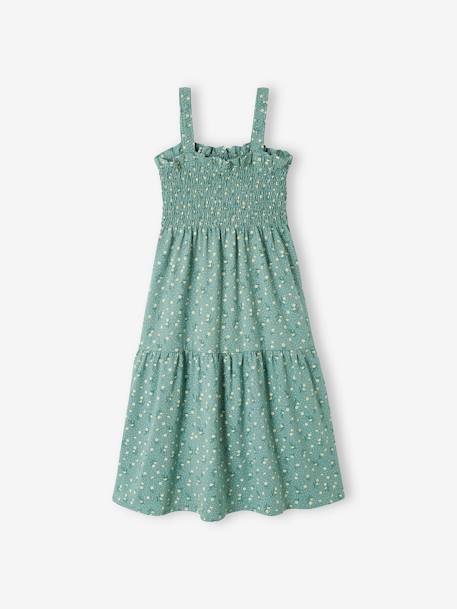 Vestido con smocks y tirantes para niña albaricoque+blanco estampado+verde esmeralda 