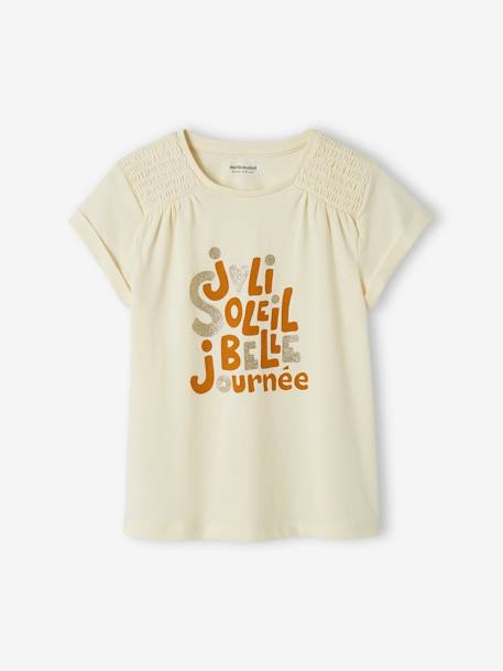 Camiseta con texto irisado y hombros con smocks para niña crudo 