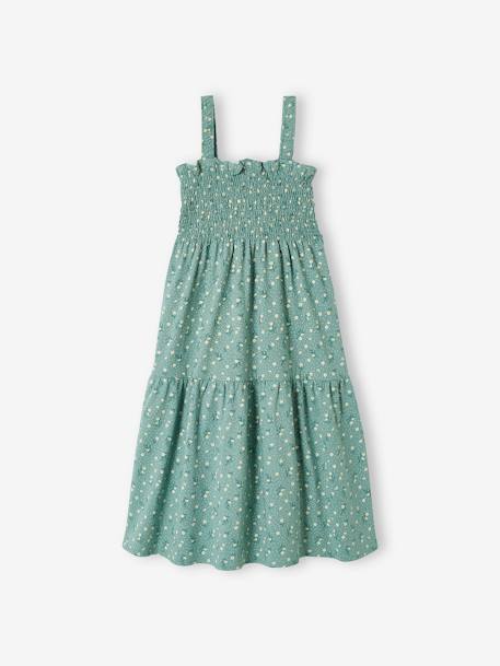 Vestido con smocks y tirantes para niña albaricoque+blanco estampado+verde esmeralda 