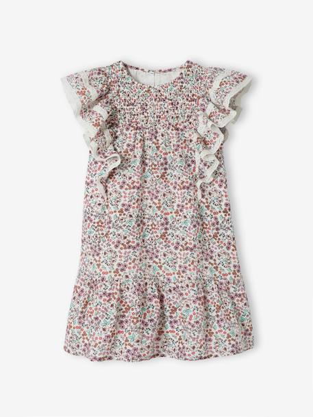 Vestido con motivos de flores de cerezo y mangas con volantes para niña crudo 