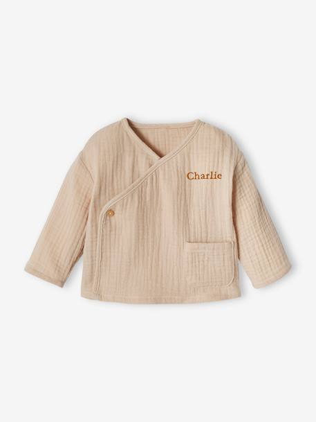 Chaqueta cruzada, personalizable, de gasa de algodón para recién nacido beige 